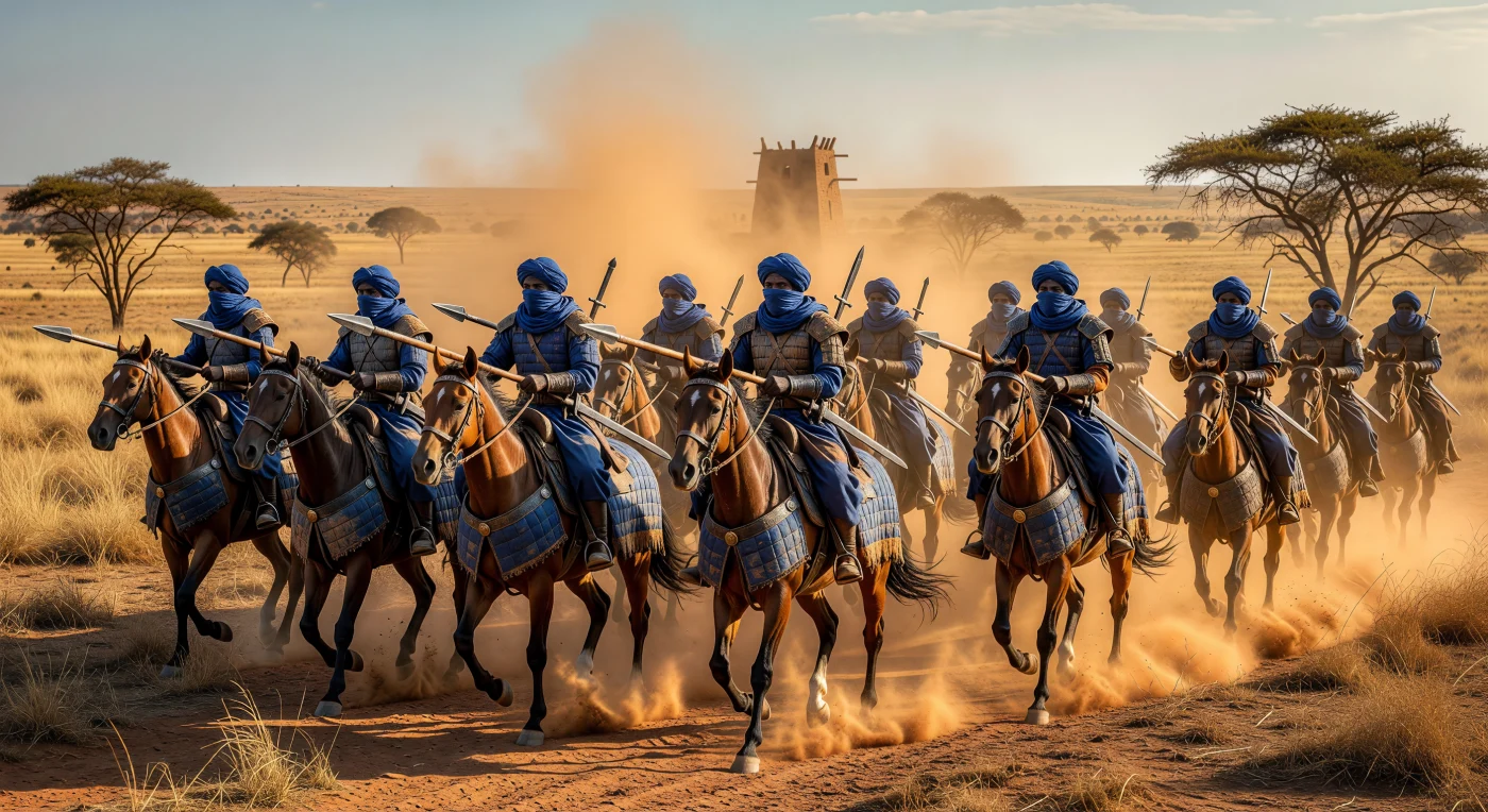 Cette scène dépeint la charge foudroyante de la cavalerie d'élite de l'Empire songhaï, dont les guerriers et les chevaux arborent le « lifidi », une armure protectrice en coton matelassé typique du Sahel. À la fin du XVe siècle, ces cavaliers lourdement armés de lances et de cottes de mailles importées assuraient la domination de l'empire sur les routes commerciales transsahariennes. En arrière-plan, la silhouette d'une tour de guet en terre crue rappelle l'architecture soudano-sahélienne monumentale qui marquait alors le paysage de l'Afrique de l'Ouest.