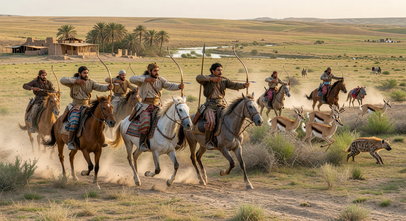 Sur cette vaste steppe fauve de la frontière mésopotamo-iranienne, des cavaliers parthes de l’aristocratie arsacide lancent leurs petits chevaux nerveux à la poursuite de gazelles, tandis qu’un archer se retourne en selle pour décocher une flèche selon la célèbre technique du « tir parthe ». Leurs tuniques ceinturées, pantalons ajustés à motifs, bottes souples et arcs composites reflètent l’équipement réel des élites cavalières de l’empire parthe au Ier siècle avant notre ère, un monde façonné par la mobilité, la chasse et la guerre à cheval. À l’arrière-plan, un modeste relais de brique crue rappelle que ces marges semi-arides étaient aussi des zones d’échanges entre la Mésopotamie et le plateau iranien.