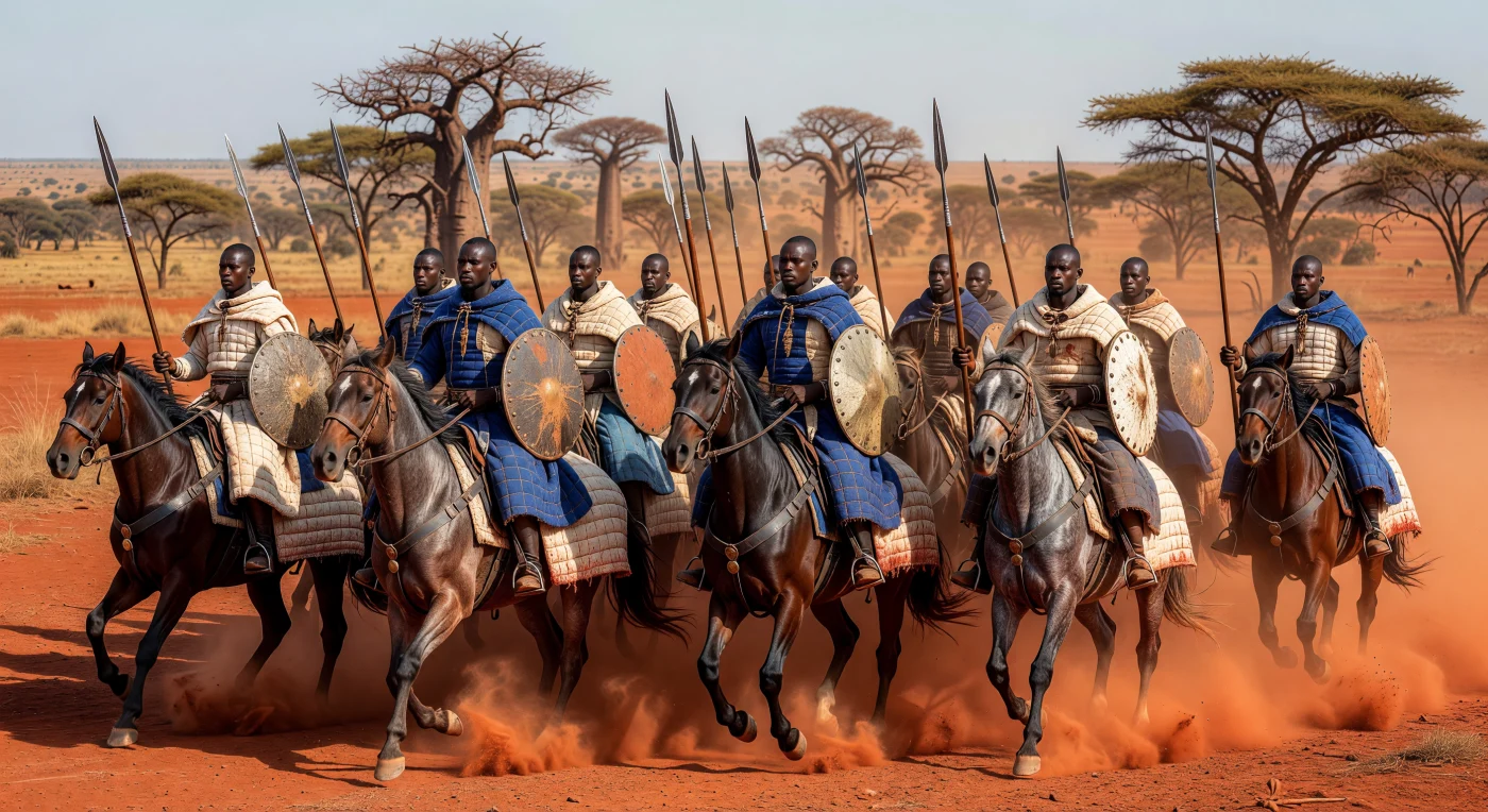 Un'imponente formazione di cavalleria pesante Mandinka attraversa la savana di laterite rossa dell'Impero del Mali, sollevando nuvole di polvere dorata sotto il sole del XIII secolo. Questi guerrieri d'élite sono protetti dal *lifidi*, una robusta armatura in cotone trapuntato progettata per resistere ai proiettili, e brandiscono lance con punte in ferro forgiato a mano. La scena illustra la potenza militare e la raffinatezza tecnologica delle civiltà dell'Africa occidentale, dove stalloni berberi e tattiche disciplinate garantivano il controllo delle rotte commerciali trans-sahariane.