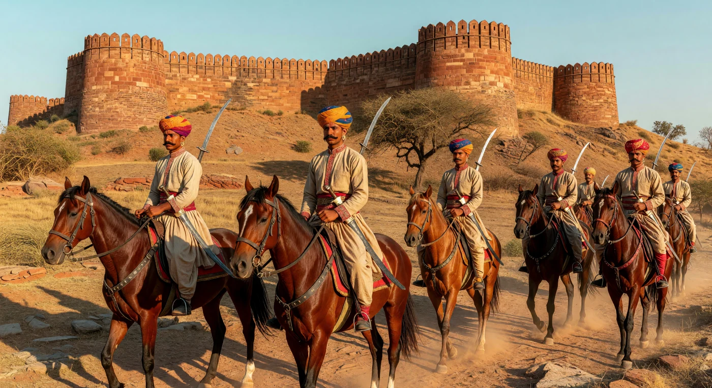 Una pattuglia di cavalieri Rajput, appartenenti alla casta guerriera degli Kshatriya, sorveglia i bastioni di un'imponente fortezza in arenaria rossa tra le aspre colline della catena degli Aravalli. I guerrieri, riconoscibili dai turbanti variopinti e dai baffi meticolosamente curati, montano agili cavalli Marwari dalle punte delle orecchie rivolte verso l'interno e impugnano talwar in pregiato acciaio Wootz dal caratteristico motivo damascato. Questa immagine illustra la potenza militare e la raffinatezza artigianale dei clan dell'India settentrionale del XII secolo, un periodo di transizione cruciale segnato da un'architettura difensiva monumentale e da un rigido codice d'onore cavalleresco.