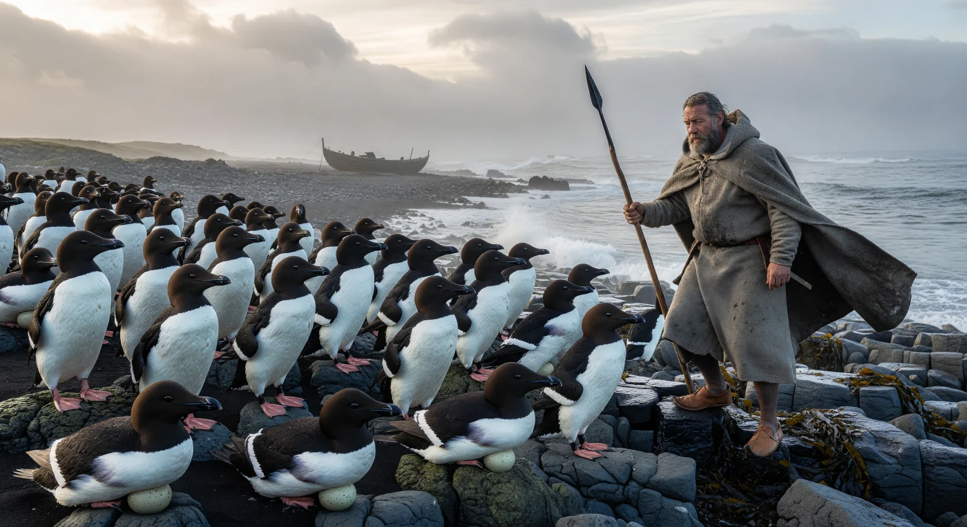 En las gélidas costas volcánicas de Islandia hacia el año 1250, una colonia de alcas gigantes anida sobre columnas de basalto mientras un cazador nórdico, vestido con lana impermeabilizada con grasa, se aproxima con una lanza de fresno. Estas aves no voladoras, hoy extintas, representaban un recurso vital de alimento y aceite para las comunidades marítimas de la Plena Edad Media que habitaban las regiones del Atlántico Norte. La escena ilustra la estrecha relación entre la supervivencia humana y los ecosistemas marinos en un entorno donde la bruma y el oleaje dictaban el ritmo de la vida diaria.
