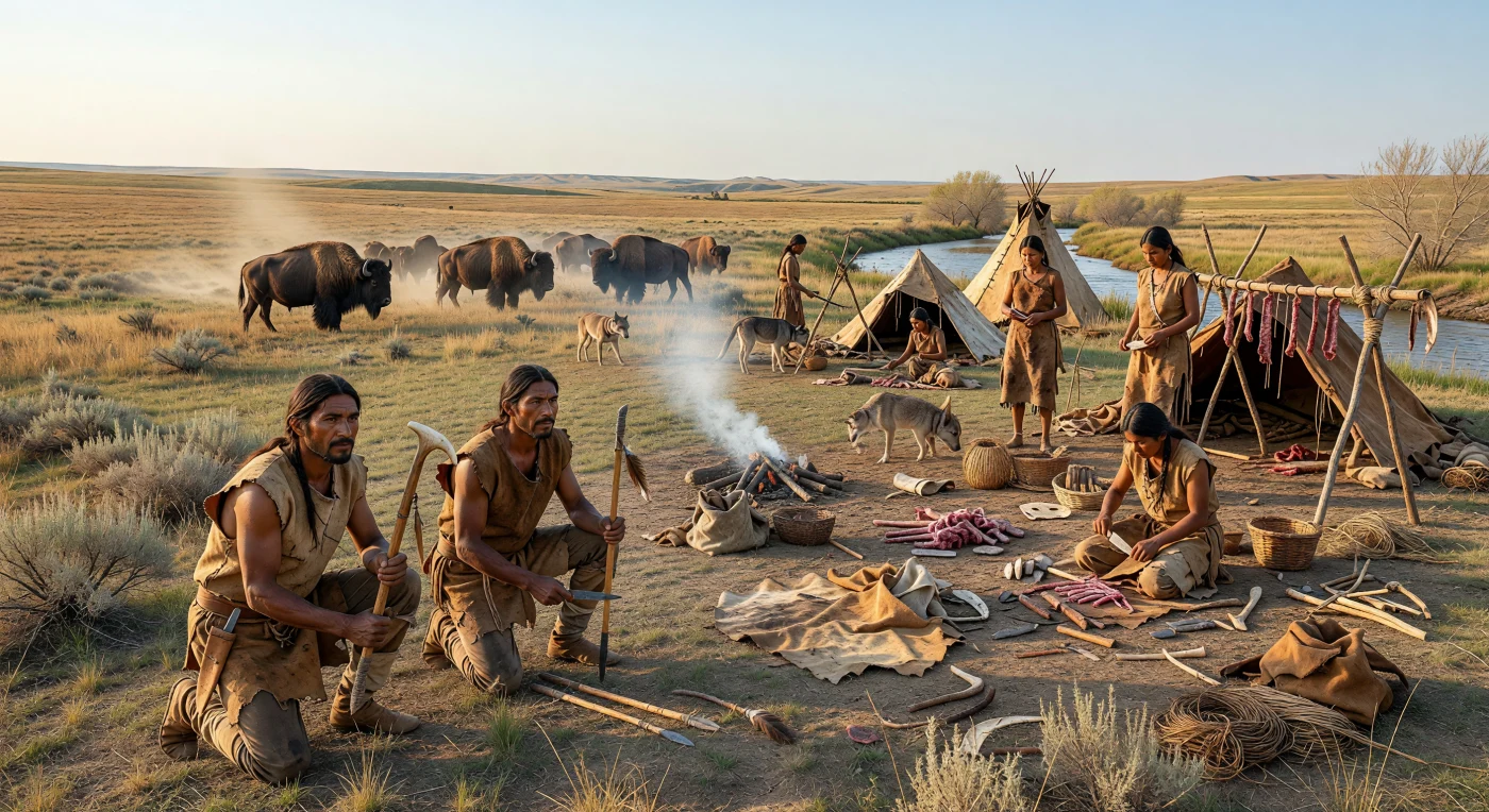 En las grandes praderas de Norteamérica, hacia 120–500 a. C., un pequeño grupo indígena nómada avanza entre la hierba seca mientras dos cazadores acechan bisontes con átlatls y largos dardos de punta de piedra, mucho antes de la llegada del arco, el caballo o el metal. Cerca de un arroyo, mujeres y niños atienden un campamento temporal de refugios bajos de piel y ramas, donde cortan carne y la cuelgan en bastidores para secarla, una práctica esencial para aprovechar al máximo la caza. La escena refleja la vida móvil y experta de los pueblos de las llanuras en este periodo: comunidades que dependían de herramientas de piedra, hueso, madera y tendón, profundamente adaptadas a un paisaje amplio, ventoso y cambiante.