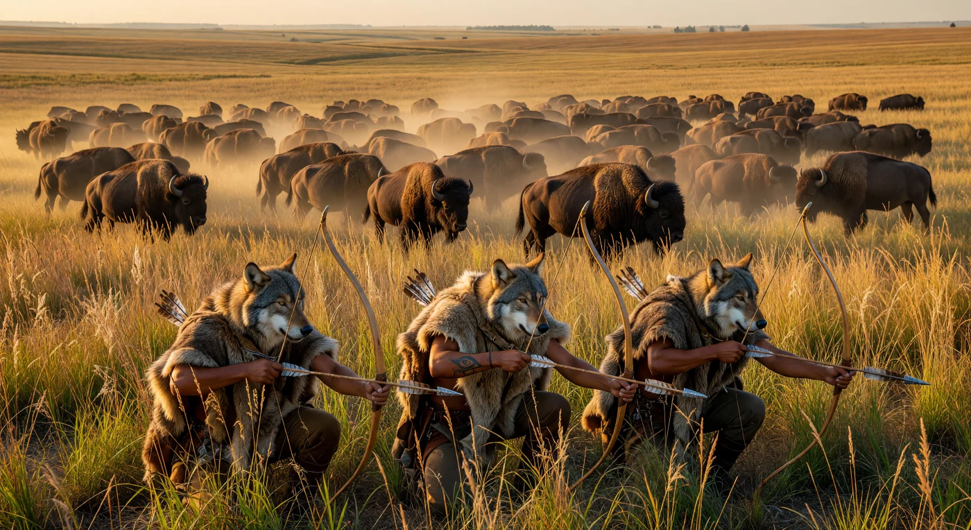Bajo la luz dorada de mediados del siglo XII, una inmensa manada de bisontes recorre las praderas de pastos altos mientras cazadores misisipianos se aproximan sigilosamente ocultos bajo pieles de lobo. Armados con arcos de fresno y flechas con puntas de pedernal, estos hombres emplean tácticas de camuflaje ancestrales para subsistir en un entorno natural vibrante y virgen. Esta escena ilustra la sofisticación de las culturas de las llanuras centrales mucho antes de la introducción del caballo o las herramientas de metal europeas.