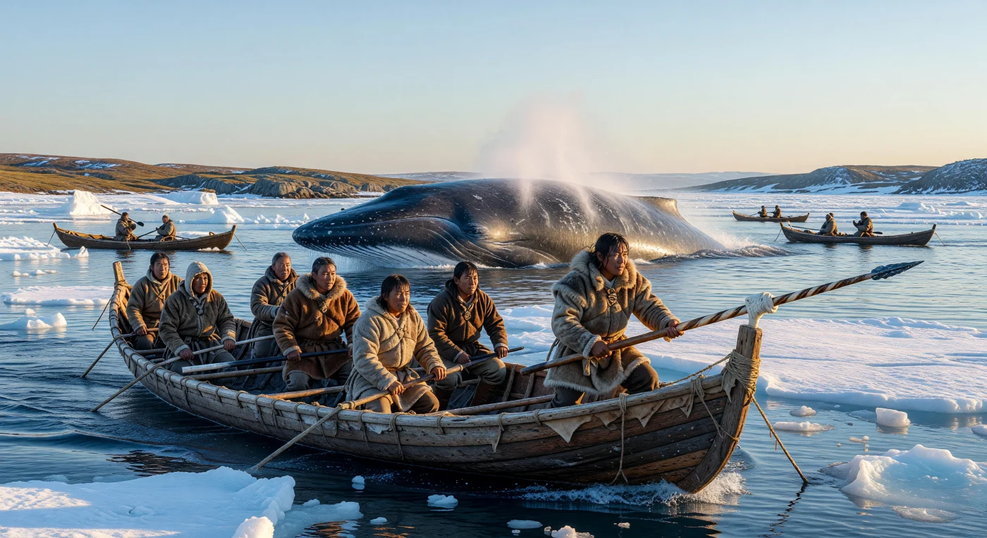 En las gélidas aguas del Ártico canadiense del siglo XIII, cazadores Thule —ancestros de los actuales inuit— se aproximan con precisión a una ballena boreal a bordo de un *umiak* fabricado con piel de morsa y madera a la deriva. Ataviados con parkas de doble capa de piel de foca y armados con arpones de colmillo de narval, estos expertos navegantes utilizaban una sofisticada tecnología de materiales naturales para prosperar en el entorno extremo de la tundra. La escena ilustra el momento crítico de la caza, una actividad vital que garantizaba la supervivencia y el sustento de estas comunidades mediante el aprovechamiento integral de los gigantes marinos.