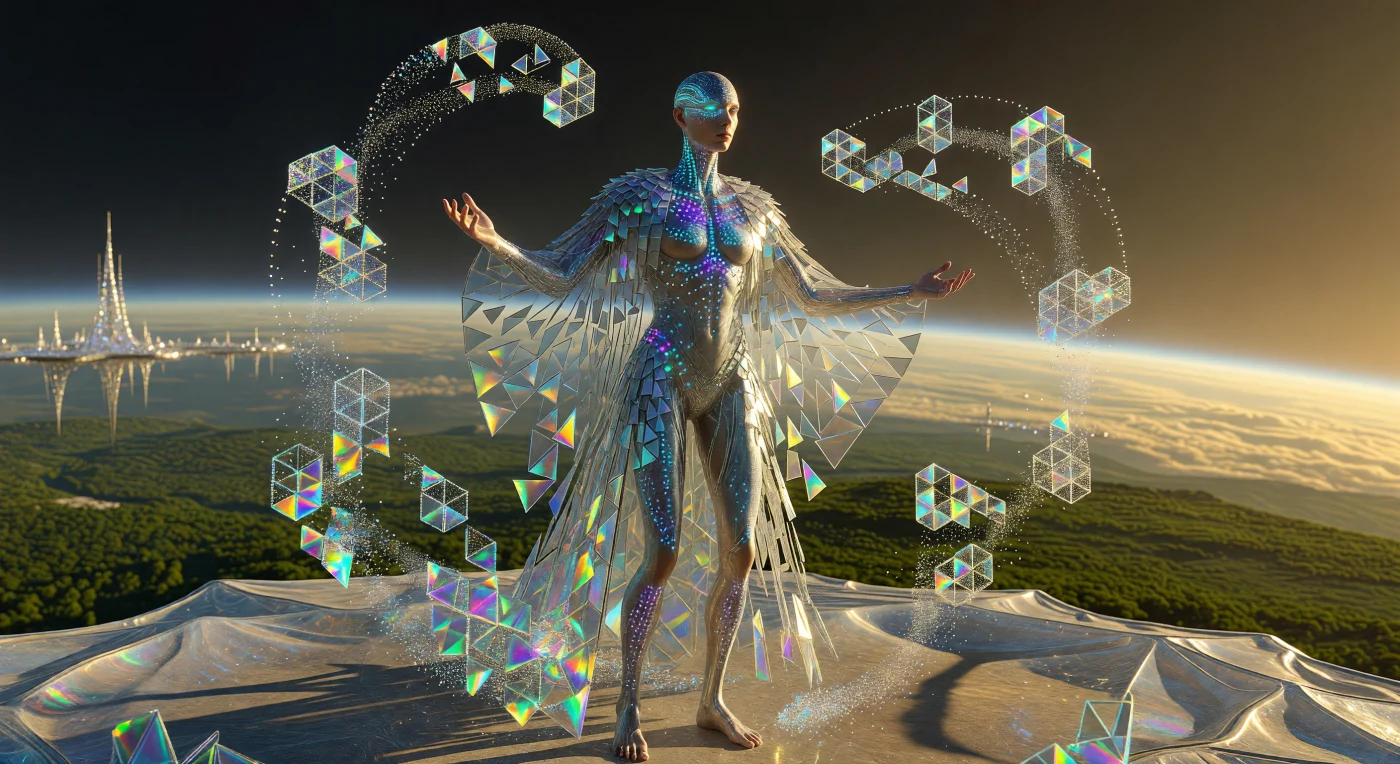 À l'apogée de l'ère de la Convergence (2100-2200), ce célébrant à la morphologie d'« Athlète Éthéré » illustre la symbiose totale entre biologie et technologie lors d'un rituel de calibration au-dessus de la biosphère restaurée. Revêtu d'une robe de prismes dont les éclats de verre intelligent lévitent par micro-gravité, il projette des halos fractals de « Lumen-Drift », une poussière nanostructurée capturant la lumière solaire à 30 000 pieds d'altitude. Cette archive témoigne de l'évolution de l'espèce humaine vers une harmonie asymétrique, intégrant des réseaux de LED sous-cutanés et une peau traitée aux micro-algues pour s'interconnecter physiquement avec le Réseau-Gaïa planétaire.