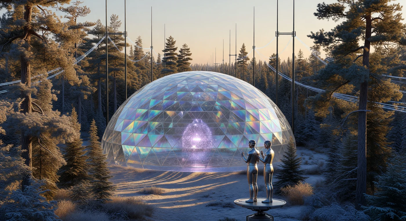 Durante el periodo de "El Umbral" (2025–2050), el paisaje de Ontario se transformó en un nodo vital de energía de fusión pulsada, donde cúpulas cristalinas de deposición atómica resguardan reactores de plasma de clase Helion. En esta transición hacia una civilización avanzada, los bosques boreales de pinos (*Pinus strobus*) y piceas se entrelazan con torres de transmisión de nanotubos de carbono que transportan electricidad con luminiscencia cian. La escena captura a técnicos de la casta "Synapsed" ajustando el núcleo magnético mediante interfaces Neural-Link 4.0, evidenciando una etapa evolutiva donde la humanidad integró su sistema nervioso con la infraestructura planetaria para gestionar un ecosistema resilvestrado y post-carbono.