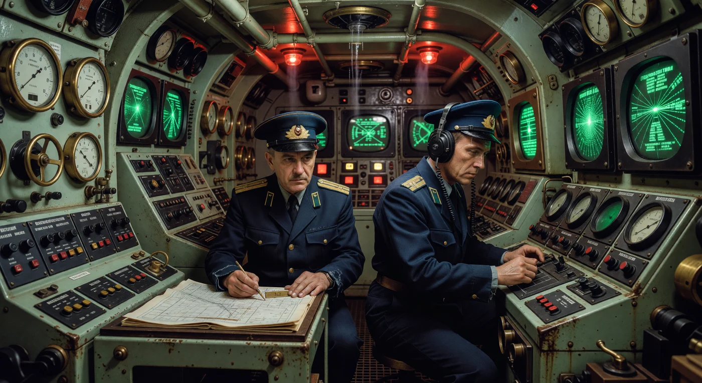 All'interno del claustrofobico posto di comando di un sottomarino nucleare sovietico Classe Typhoon, due ufficiali monitorano intensamente schermi sonar e manometri in ottone immersi nella cupa luce rossa di combattimento. L'abitacolo, caratterizzato da paratie color "verde mare" e una complessa rete di tecnologia analogica, evoca vividamente la tensione della Guerra Fredda durante gli anni '80. Queste imponenti unità del Progetto 941 Akula rappresentavano l'apice dell'ingegneria navale dell'URSS, progettate per operare come deterrente nucleare invisibile nelle profondità degli oceani.