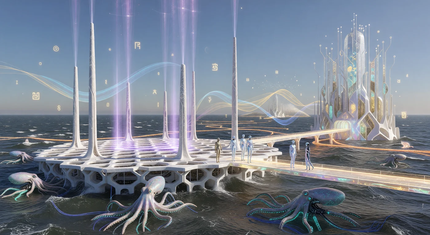 Inmitten der dunklen Wasser des Nordatlantiks zeigt diese Szenerie aus der Ära der „Großen Divergenz“ (2200–2500 n. Chr.) eine gigantische Ernteplattform aus Weiß-Graphen, die Energie aus dem orbitalen Sol-Ring empfängt. Biomechanische Cephalopoden-Drohnen warten die unterseeischen Supraleiter-Kabel, während die physisch optimierten *Homo augmentus* und lichtbasierte Projektionen von *Homo digitalis* über eine Brücke aus verdichteten Photonen mit den leuchtenden Küsten-Arkaden interagieren. Diese Epoche markiert den technologischen Höhepunkt einer Typ-I.V-Zivilisation auf der Kardaschow-Skala, in der die Grenzen zwischen biologischem Leben, digitalem Bewusstsein und großskaliger planetarer Ingenieurskunst vollständig verschmolzen sind.