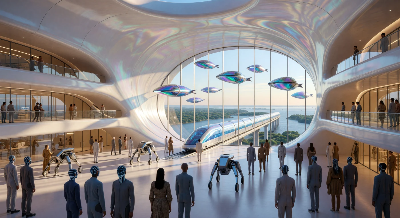 Set in 2084 during the Augmented Dawn, this scene depicts the Manhattan VTM Terminus, a hub of the Transatlantic Union where molecularly engineered ceramic architecture meets a restored, CO2-scrubbed environment. The image illustrates the social stratification of the late 21st century, showing CRISPR-enhanced "Optima" humans and "Augmented" citizens with graphene Neural Laces alongside multi-limbed "Sub-Sentient Governor" logistics units. Below the Hudson’s surface, a vacuum-tube maglev accelerates through a glass-encased tunnel, powered by a fusion-backed supergrid that represents the era's pinnacle of clean, high-capacity transport.