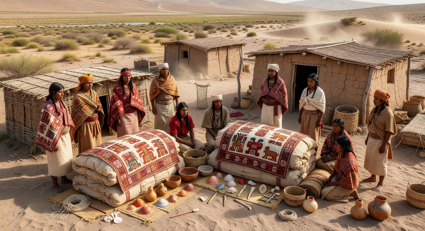 Dans la lumière rasante du désert côtier du sud du Pérou, des spécialistes rituels de la culture Paracas entourent de grands paquets funéraires assis, enveloppés de coton et recouverts de somptueux manteaux brodés aux rouges, ocres, noirs et tons crème. Les motifs complexes — êtres surnaturels, oiseaux, félins, serpents et têtes trophées — témoignent de la maîtrise textile exceptionnelle de Paracas, entre environ 300 et 100 av. n. è., dans une société où les étoffes étaient à la fois signes de prestige, supports symboliques et offrandes pour les morts. Autour des ancêtres emmaillotés, des coquillages marins précieux, des paniers et des récipients simples rappellent les échanges à longue distance et l’importance du culte des ancêtres dans ces nécropoles battues par le vent.