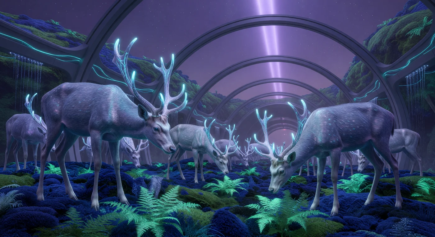 Durante a era da Grande Divergência (2200–2500 d.C.), a biodiversidade terrestre foi radicalmente adaptada para os habitats artificiais do "Enxame", como exemplificado pelo *Cervus lumen* nos Jardins Xeno do cilindro Vinci-4. Estes cervos geneticamente modificados exibem membros alongados e caixas torácicas expandidas para otimizar a vida sob gravidade reduzida, utilizando chifres bioluminescentes de pontas cianas para iluminar as samambaias fractais e musgos ricos em nitrogênio que compõem este ecossistema sintético. A imagem captura a curvatura monumental do habitat orbital, revelando um momento em que a linhagem da vida, outrora confinada à Terra, floresceu em formas tecnologicamente mediadas através do vazio do sistema solar interior.