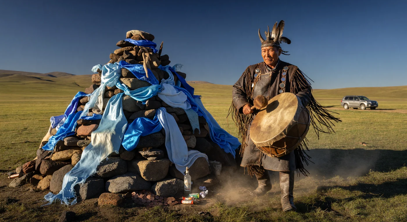 Un chamane touvain, vêtu d'une robe de cuir ornée de miroirs de cuivre, bat un tambour en peau d'élan devant un *ovoo* sacré drapé de foulards de soie bleue sous l'immensité de la steppe sibérienne. Cette scène illustre la vitalité des traditions spirituelles en Asie du Nord au début du XXIe siècle, où les rituels ancestraux coexistent désormais avec la modernité, comme en témoignent le véhicule tout-terrain et les offrandes contemporaines déposées au pied du cairn. Sous le « Ciel Bleu Éternel », ces pratiques demeurent un pilier identitaire essentiel pour les peuples autochtones, reliant leur héritage nomade aux réalités d'un monde globalisé et numérique.