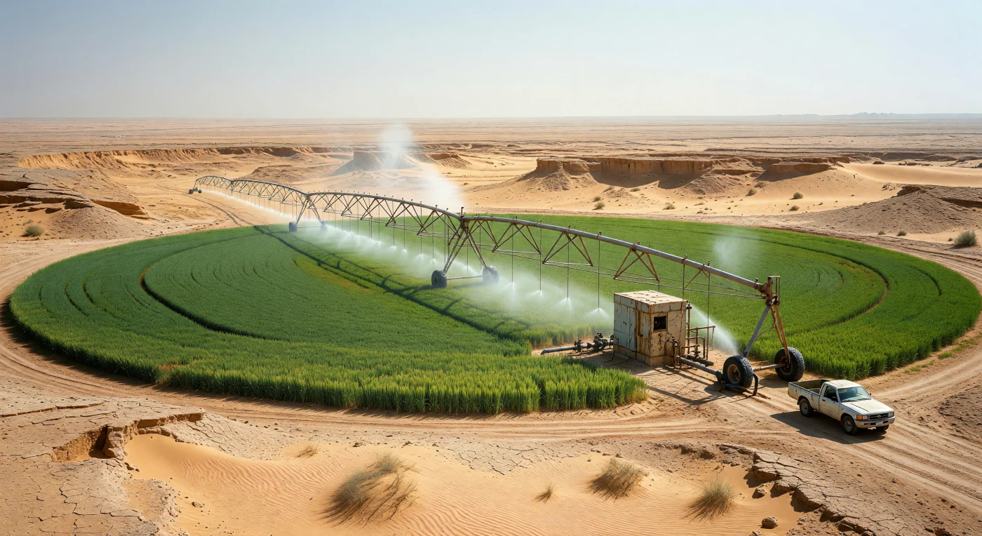 Un imposant bras d'irrigation à pivot central déploie une fine brume sur un champ de blé d'un vert émeraude, formant un cercle géométrique parfait au cœur des sables ocres du désert du Nedjd. Cette installation des années 1980 témoigne de l'ambitieux programme agricole de l'Arabie saoudite qui, grâce aux revenus pétroliers, a tenté de transformer ses paysages arides en oasis productives en exploitant des aquifères fossiles profonds. L'éclat du soleil de plomb et la silhouette d'une camionnette d'époque soulignent l'échelle monumentale de ce projet, véritable symbole de la modernisation technologique et du défi lancé par l'humain à un environnement hostile.