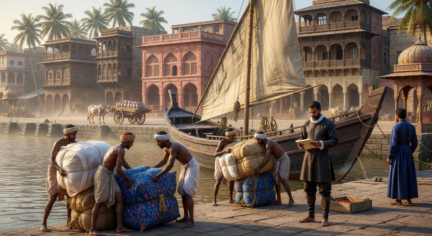 Sur les quais en pierre du port de Surate vers 1610, des débardeurs gujaratis chargent d'imposants ballots de mousseline de Dhaka et de chintz indigo à bord d'un dhow traditionnel en teck du Malabar. Un marchand portugais, dont le pourpoint de soie sombre et la fraise rigide contrastent avec l'humidité tropicale, supervise l'inventaire au milieu de l'architecture de grès rouge typique de l'ère moghole. Cette scène illustre le rôle pivot de l'Inde dans le commerce mondial de la Renaissance, période où ses textiles raffinés étaient exportés par-delà les océans, reliant l'Asie aux marchés européens et américains.