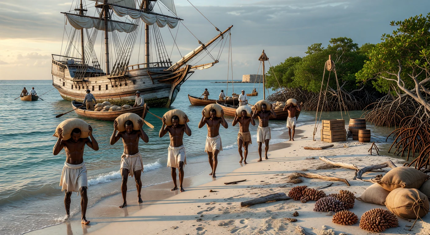 Sous la lumière dorée des Caraïbes à la fin du XVIIe siècle, des travailleurs réduits en esclavage transportent de lourds sacs de sucre muscovado à travers le ressac vers une flûte hollandaise ancrée au large. Cette scène illustre le rôle central de la main-d'œuvre forcée dans l'économie mercantile, où les denrées coloniales étaient acheminées vers l'Europe au prix d'un labeur physique épuisant. Entre la mangrove dense et la silhouette complexe du navire marchand, l'image capture le contraste brutal entre la beauté naturelle des îles et la réalité violente du commerce transatlantique durant l'âge de la voile.