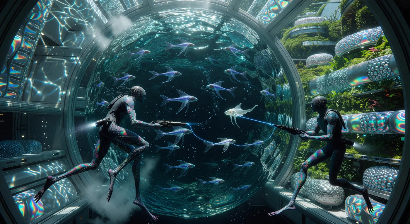 Au cœur de l’astéroïde 16 Psyché, durant l’époque de la Convergence (v. 2100-2200), des Litho-Sapiens aux squelettes renforcés de nanotubes de carbone traquent des « Aero-Rays » au sein d’une sphère d’eau colossale maintenue en apesanteur par confinement électromagnétique. Ces chasseurs post-biologiques, dotés de pieds préhensiles et d’une peau riche en mélanine synthétique, utilisent des harpons magnétiques pour capturer ces céphalopodes bio-ingénierés dont la bioluminescence indigo pulse dans le vide du cylindre d’O’Neill. Cette interaction illustre la complexité des nouveaux écosystèmes artificiels de la Ceinture, où l’évolution humaine s'est affranchie des contraintes planétaires pour conquérir les environnements de microgravité.