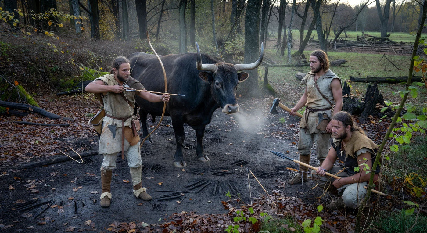 Dans une clairière humide de l’Europe néolithique, des chasseurs en peaux et fibres végétales observent avec une extrême prudence un gigantesque aurochs, le bovin sauvage ancestral des vaches domestiques, reconnaissable à sa robe sombre et à ses longues cornes recourbées vers l’avant. Armés d’arcs en bois simple, de flèches à pointe de silex et de haches polies, ils évoluent dans un paysage où l’agriculture existe déjà, mais n’a encore ouvert que de petites trouées dans l’immense forêt tempérée. Cette scène rappelle qu’au Néolithique, entre villages naissants et bois profonds, une grande partie de l’Europe demeurait un monde sauvage peuplé d’animaux puissants et dangereux.