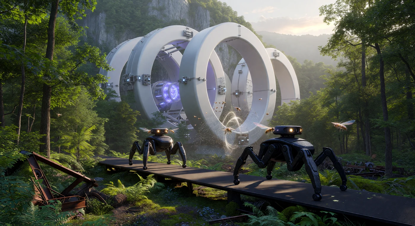 In questa veduta dell'era dell'Alba Aumentata (circa 2084 d.C.), unità di sicurezza quadrupedi note come *Autonomous Chassis* pattugliano i perimetri di un reattore a fusione a compressione magnetica pulsata incastonato tra le vette degli Appalachi. Il paesaggio testimonia il successo del Grande Rewilding, con foreste iper-lussureggianti di querce e aceri geneticamente ottimizzati che prosperano in un'atmosfera stabilizzata a 380 ppm di CO2, cancellando le cicatrici industriali dei secoli precedenti. Tra le imponenti strutture superconduttrici del nodo energetico e il sottobosco rigenerato, l'equilibrio di questo ecosistema tecnologicamente mediato è sorvegliato da sciami di api "Guardiane" bio-ingegnerizzate, simboli della rigida gestione biologica della Transatlantic Union.