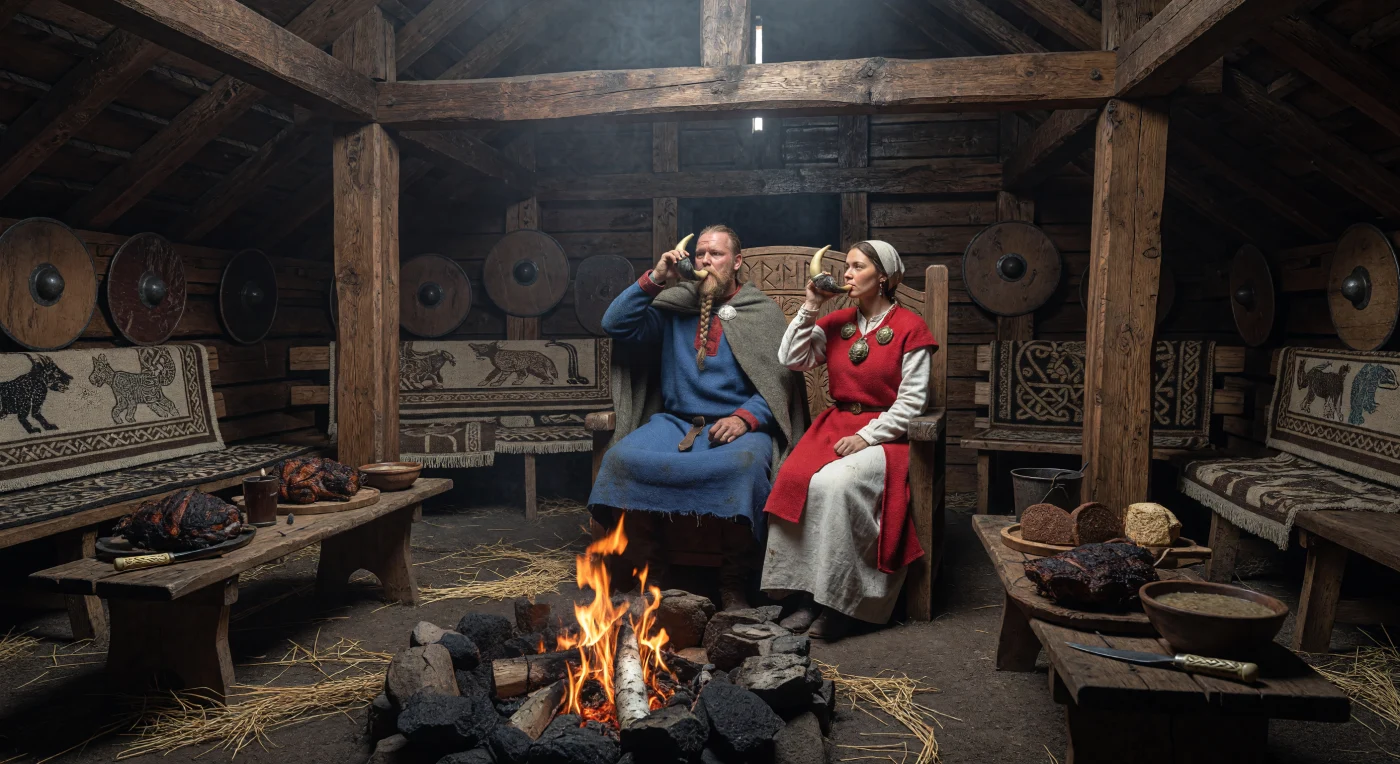 Sob as vigas de carvalho escurecidas pela fumaça de uma casa comunal do século IX, um chefe nórdico e sua esposa presidem um banquete festivo, iluminados pelo brilho dourado de uma grande fogueira central de pedra. O traje do casal, adornado com seda bizantina importada e broches de bronze ornamentados, reflete as vastas redes comerciais e a complexa hierarquia social da Era Viking. Entre tapeçarias de lã tecidas à mão e chifres de gado polidos para o consumo de bebidas, esta cena captura a atmosfera vibrante e a hospitalidade robusta que definiam a vida comunitária nas sociedades escandinavas do início da Idade Média.