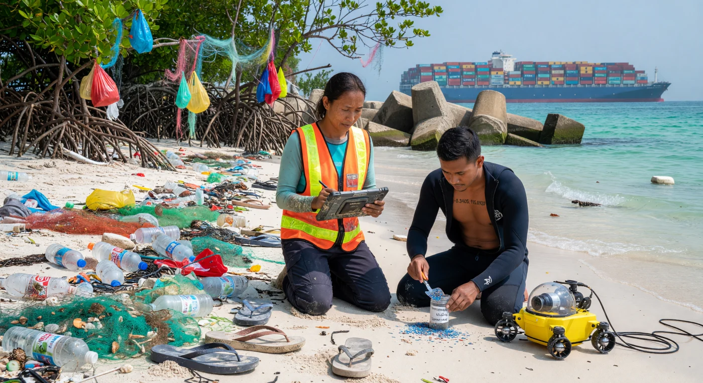 Sur une plage isolée d'Indonésie vers 2022, des chercheurs équipés de technologies de pointe documentent une laisse de mer saturée de « technofossiles », illustrant l'omniprésence des plastiques industriels dans les écosystèmes marins du XXIe siècle. Tandis qu'ils collectent des microplastiques à l'aide d'un drone sous-marin et de tablettes durcies, la silhouette massive d'un porte-conteneurs à l'horizon souligne l'industrialisation totale de cette « Frontière Bleue » régie par la logistique mondiale. Cette scène témoigne de l'ère numérique, une période où l'océan n'est plus une étendue sauvage mais un espace sous surveillance constante, marqué par une crise environnementale profonde et la persistance des débris synthétiques.