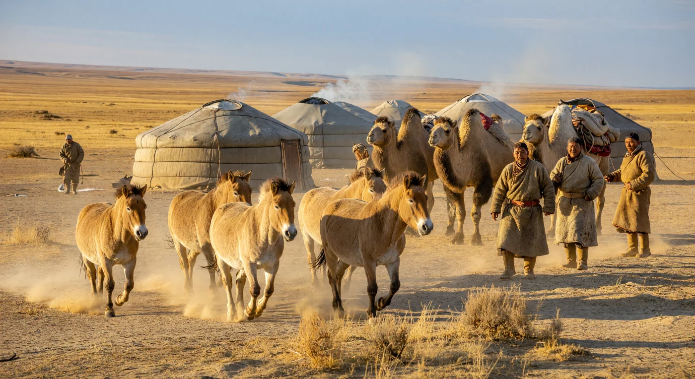 Une harde de chevaux de Przewalski au pelage isabelle galope à travers l'aride plateau de loess de la steppe de Gobi, soulevant une poussière ocre sous la lumière dorée du XIVe siècle. En arrière-plan, un campement de gers en feutre et des éleveurs vêtus de lourds *dels* en peau de mouton s'affairant auprès de chameaux de Bactriane illustrent la persistance des traditions nomades durant l'ère des Yuan du Nord. Cette scène évoque la rudesse et l'isolement majestueux du cœur de l'Asie centrale, carrefour essentiel des échanges transcontinentaux de la fin du Moyen Âge.