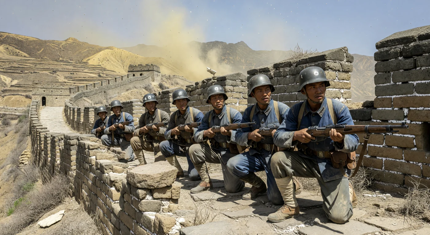 Soldaten van het Chinese Nationaal Revolutionair Leger turen in 1937 over de verweerde kantelen van de Grote Muur, waakzaam voor de naderende Japanse troepen. Gekleed in blauwgrijze uniformen en uitgerust met Duitse M35-helmen, belichamen deze mannen de vastberadenheid van het Chinese verzet tijdens de vroege stadia van de Tweede Chinees-Japanse Oorlog. De stoffige bergpassen en het afgebrokkelde metselwerk vormen een grimmig decor voor dit cruciale moment van nationale verdediging te midden van eeuwenoude fortificaties.