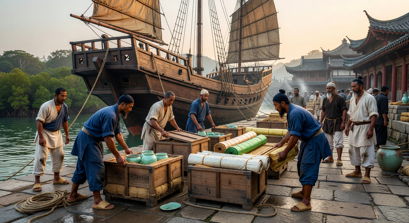 An den massiven Granitkais von Quanzhou beladen sonnengebräunte Seeleute eine hölzerne Dschunke mit kostbarem Yue-Seladon und feinster Seide für den Fernhandel. Dieses Schiff, ausgestattet mit einem innovativen Heckruder und stabilen Segeln aus Bambusmatten, verkörpert die maritime Ingenieurskunst der Tang-Dynastie (618–907). Als zentraler Knotenpunkt der maritimen Seidenstraße verband dieser geschäftige Hafen das kaiserliche China mit fernen Märkten und zeugt von einer frühen Ära der globalen Vernetzung.