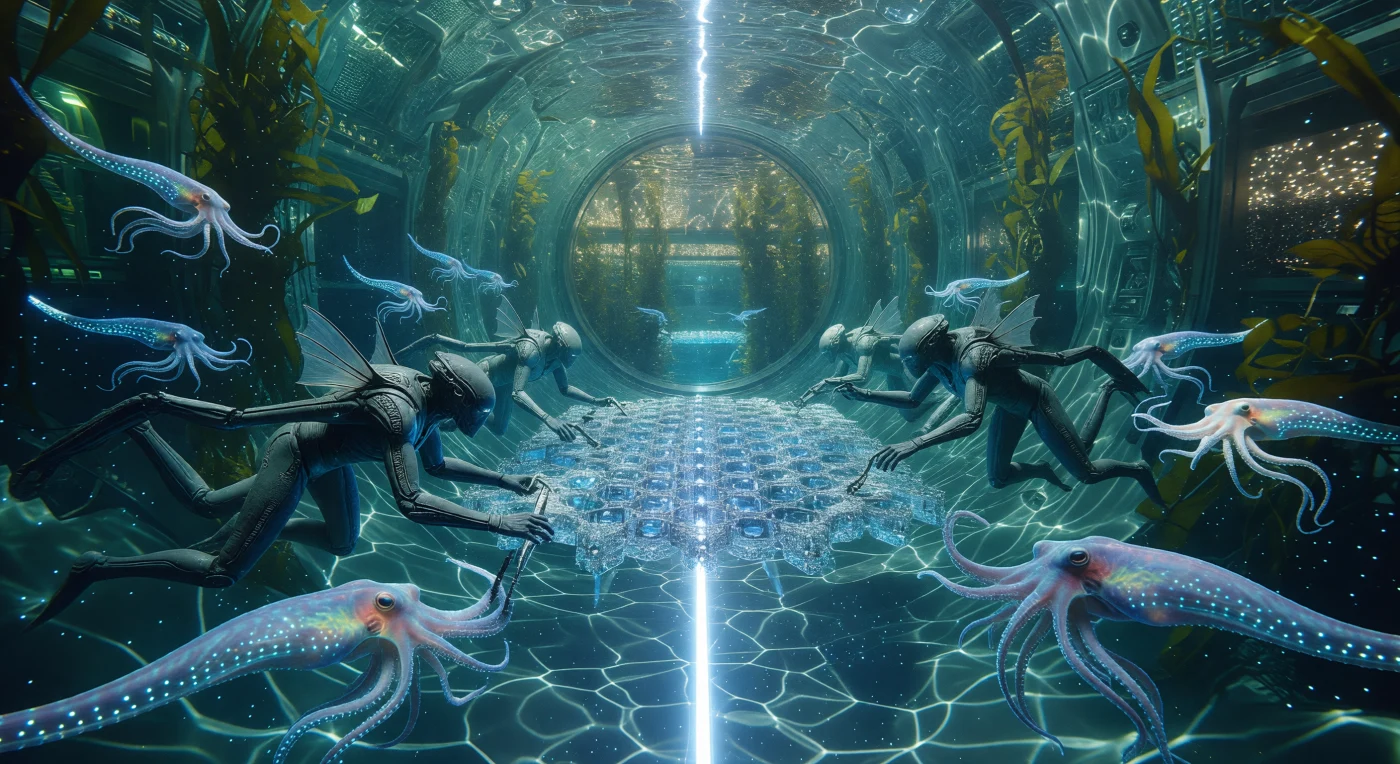 In de waterige habitat van een roterende O'Neill-cilinder voeren 'Chitinous Void-Walkers' – post-biologische mensachtigen met een lood-proteïnepantser – samen met bio-engineered koppotigen onderhoud uit aan een kristallijn Lonsdaleiet-sensorrooster. Deze scène uit het Galactische Tijdperk (ca. 5.000 – 20.000 n.Chr.) illustreert de radicale aanpassing van het leven aan de extreme druk en straling binnen de Sol Core, het technologische hart van een Kardasjev Type II-beschaving. Het tafereel toont een tijdperk waarin de mensheid haar aardse fysiologie volledig heeft getransformeerd om te kunnen functioneren binnen de complexe, vloeibare infrastructuren van de verre toekomst.