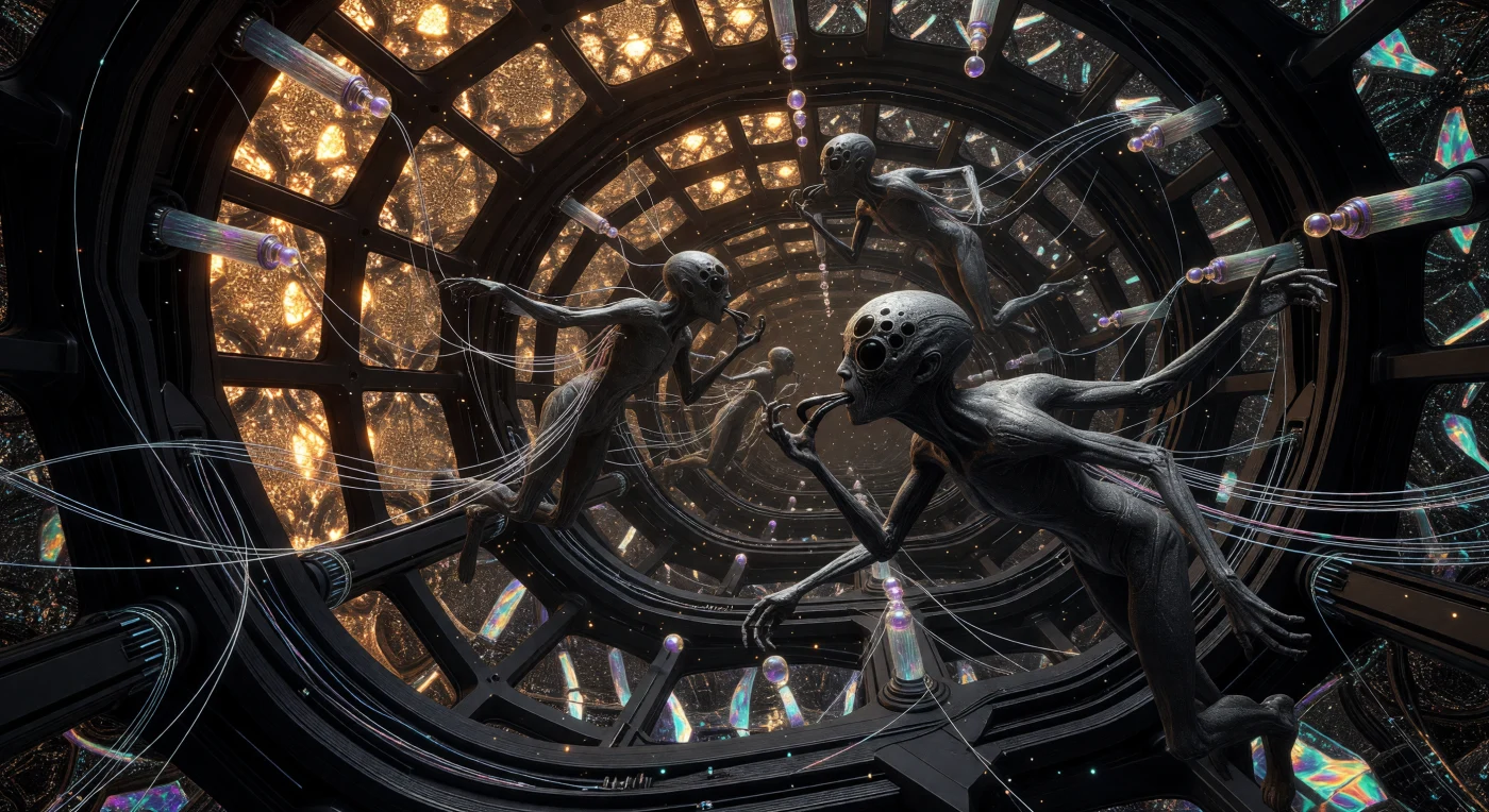 In de gewichtloze fractale kamers van de Sol Core, daterend uit het Galactische Tijdperk (ca. 5.000 – 20.000 n.Chr.), zien we de Chitinous Void-Walkers tijdens een moment van metabole herbevoorrading. Deze post-biologische afstammelingen van de mensheid vertonen extreme adaptaties aan het leven in de diepe ruimte, zoals een stralingsbestendige huid van lood-proteïnen en multi-gewrichtige ledematen voor 360-graden mobiliteit. Terwijl ze via gloeiende tethers direct-stroom laden, consumeren ze iriserende voedingspasta's via gespecialiseerde mandibels, een noodzakelijke overlevingstactiek binnen de technologische complexiteit van een Kardashev II-beschaving.