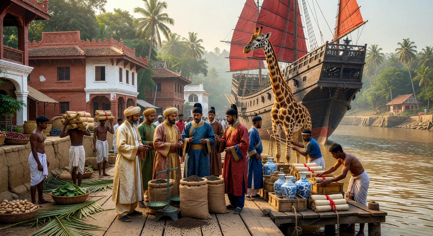 15世紀、ベンガル・スルタン朝の活気あふれるチッタゴン港では、明朝の巨大な宝船を背景に、世界の命運を左右する壮大な交易が行われていました。刺繍が施された絹のローブを纏うベンガル商人が、特産の黒胡椒や永楽帝への外交的な贈り物であるキリンを差し出し、中国の役人から洗練された青花磁器や絹の巻物を受け取る様子が描かれています。この情景は、鄭和の南海遠征がもたらしたインド洋貿易の絶頂期を象徴しており、異なる文明が海を通じて直接結びついた、中世後期のグローバルな文化交流の熱気を鮮やかに伝えています。