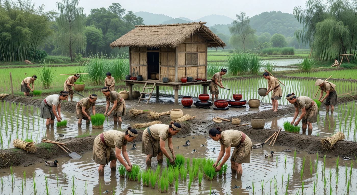 흐린 여름 하늘 아래 초나라의 남녀 농민들이 무릎까지 잠긴 논에서 연둣빛 모를 가지런히 옮겨 심고, 둑 위에는 나무 삽과 새끼줄, 갈대 바구니가 어지럽게 놓여 있습니다. 대나무와 버드나무, 물안개 낀 낮은 구릉으로 둘러싸인 이 중양쯔의 습윤한 풍경 옆에는 습기에 대비해 기둥 위에 세운 창고와 붉고 검은 옻칠 목기가 보여, 기원전 600~500년경 초 지역의 독특한 남방 물질문화를 생생히 드러냅니다. 북중국의 기장 농업 중심 세계와 달리, 초는 벼농사와 강·습지 환경, 그리고 세련된 칠기 제작으로 성장한 나라였으며, 이런 일상적 농촌 장면 속에도 그 문화적 개성이 뚜렷하게 배어 있습니다.