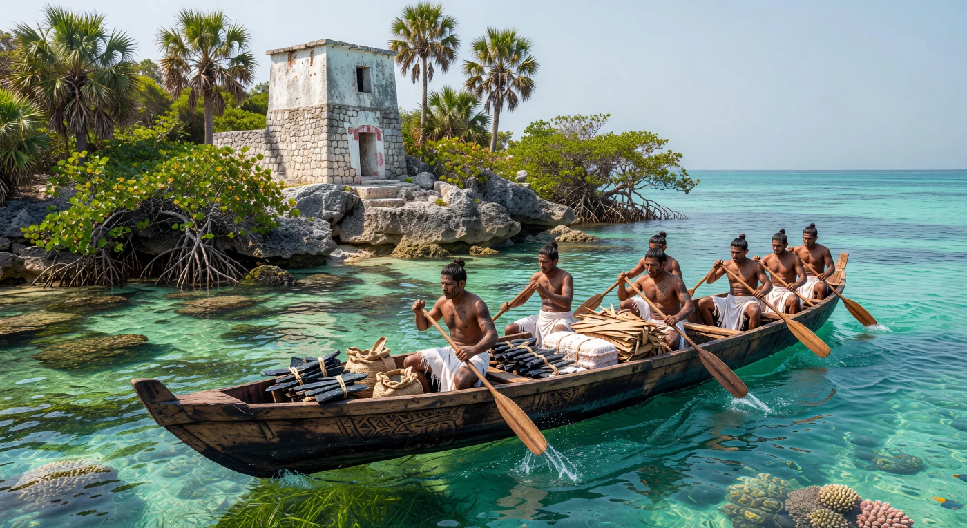 Dieses gewaltige, fünfzehn Meter lange Einbaum-Kanu aus Zedernholz zeigt eine Expedition der Chontal-Maya um 850 n. Chr., beladen mit wertvollen Obsidianklingen und Salzblöcken für den Fernhandel. Als geschickte Seefahrer dominierten diese Händler die Küstenwege der Halbinsel Yucatán und schufen ein komplexes wirtschaftliches Netzwerk, das durch steinerne Wachtürme an strategischen Punkten gesichert wurde. Die Szene verdeutlicht die technologische Meisterschaft und die maritime Reichweite der Maya-Zivilisation während ihrer klassischen Blütezeit in Mesoamerika.