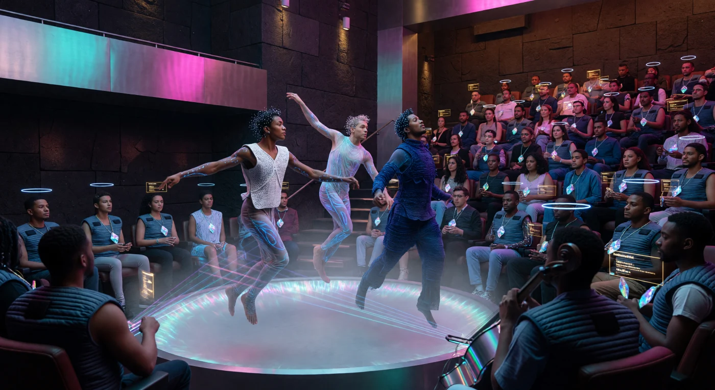 In een ondergronds theater binnen de Lagos-Mumbai-as van circa 2042 zweven dansers door een kunstmatig zwaartekrachtveld, gehuld in een contrast van 4D-geprinte keramische pantsers en ecologische myco-zijde. Dit tafereel uit het tijdperk van 'De Drempel' (2025–2050) illustreert de zogenaamde Grote Bifurcatie, waarbij hypertechnologische integratie samensmelt met een radicale terugkeer naar biologische essentie via pulserende luciferase-tatoeages en haptische feedback. Deze 'Low-G' choreografie markeert een evolutionair scharnierpunt waarop de menselijke soort de fysieke beperkingen van de aardse gravitatie begon te overstijgen door middel van een diepe symbiose tussen de digitale geest en de biologische gastheer.