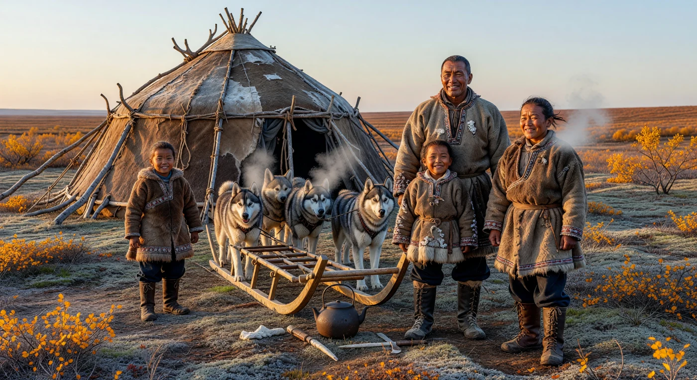 A Chukchi family stands before their yaranga, a traditional dome-shaped dwelling of walrus hide and whalebone, on the wind-swept Chukotka tundra in the late 1890s. They are dressed in double-layered kukhlyanka parkas made of reindeer skin, featuring intricate geometric beadwork and embroidery that signify both craftsmanship and cultural identity in the harsh subarctic climate. Beside them, a team of ancestral Siberian huskies is harnessed to a birch-wood narta sled, while a cast-iron trade kettle highlights the increasing economic contact between indigenous Arctic peoples and the Russian Empire during the Belle Époque.
