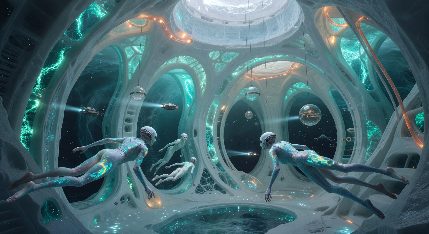 Esta vista impressionante revela o "Olho de Europa", uma colossal catedral-cidade de cinco quilômetros de largura ancorada sob a crosta de gelo da lua de Júpiter durante a Era da Expansão Solar, por volta do século XXVIII. A arquitetura utiliza arcos catenários esculpidos em gelo translúcido reforçado com Vidro-Giro e Bio-Quitina, iluminados por veias de algas bioluminescentes que lançam um brilho ciano sobre as profundezas do oceano subsuperficial. No interior, habitam pós-humanos adaptados à alta pressão e baixa flutuabilidade, cujos corpos alongados e peles iridescentes refletem uma evolução biotecnológica sofisticada em meio a sistemas de energia geotérmica e névoas ricas em oxigênio.