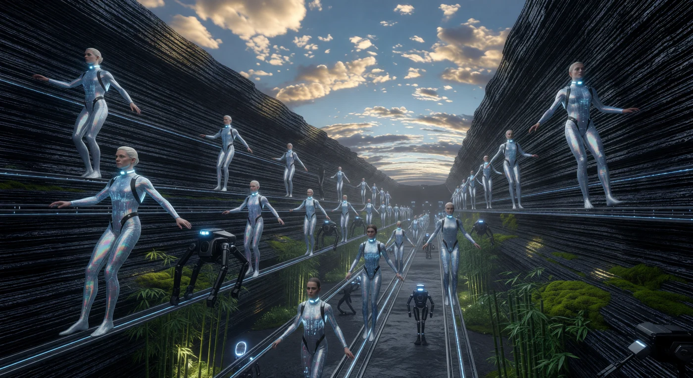 Au cœur des tunnels de lave de Marius Hills, vers 2075, les citoyens « sélénites » — dont la morphologie allongée témoigne d'une adaptation biologique à la faible gravité — glissent sur des rails électromagnétiques sous un ciel artificiel projetant un après-midi terrestre. Ce complexe urbain, bâti en « lunarcrète » obsidianique imprimée en 3D, illustre l'apogée de l'ère de la Fonderie Silencieuse, où l'énergie de fusion de l'Hélium-3 alimente une existence souterraine pressurisée. Parmi les « veines vertes » de flore génétiquement modifiée, ces humains augmentés cohabitent avec les « Évidés », des entités robotiques à conscience numérique optimisées pour la maintenance de cet écosystème lunaire.