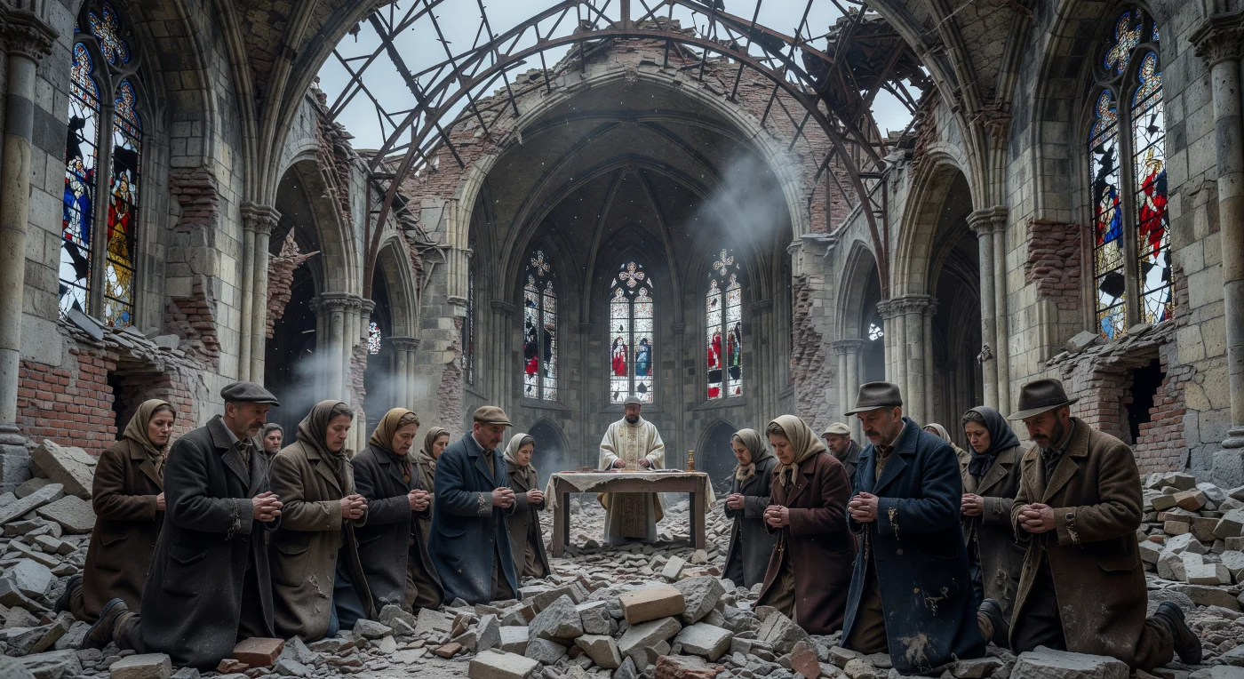 In una Polonia martoriata dai conflitti del 1944, un gruppo di fedeli si raccoglie in preghiera tra le macerie di una cattedrale gotica del XIV secolo, sfidando il gelo e la distruzione. Mentre la luce invernale filtra attraverso lo scheletro metallico del tetto crollato, i civili si inginocchiano sui detriti avvolti in pesanti cappotti di lana, testimoniando la centralità della fede cattolica come pilastro d'identità per la popolazione locale. Questa scena cattura la straordinaria resilienza dello spirito umano, capace di cercare conforto nel rito e nella comunità anche durante i momenti più bui della Seconda Guerra Mondiale.