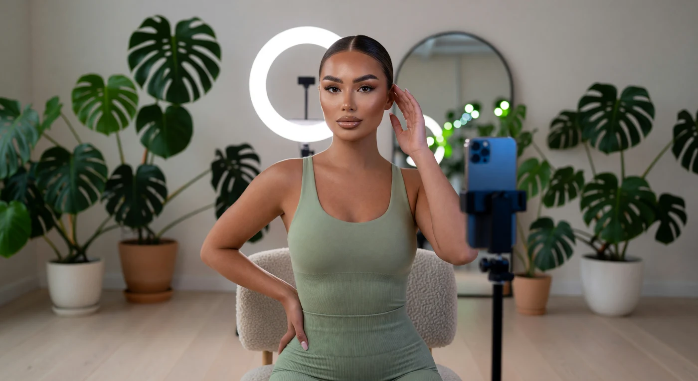 This portrait depicts a digital content creator in a Montreal-style industrial loft, capturing the curated "clean girl" aesthetic dominant in the early 2020s. The subject features the era’s signature "Instagram Face"—characterized by laminated "soap brows" and heavy facial contouring—while posing in a seamless sage green yoga set typical of the period's athleisure trend. The distinct circular reflection in her eyes from an LED ring light illustrates the professionalization of domestic spaces into private studios, a hallmark of the burgeoning creator economy during the mid-2020s.