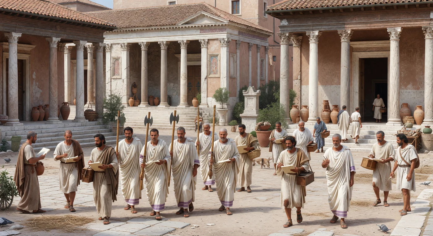 Sous la lumière sèche d’un matin romain, des sénateurs de la fin de la République traversent le Forum en toges blanches bordées de pourpre, entourés de clients modestement vêtus, de scribes portant des tablettes de cire et de porteurs chargés d’amphores et de ballots. Cette scène illustre le système de patronage, au cœur de la vie politique et sociale romaine vers 60–30 av. J.-C., où les liens personnels entre puissants et dépendants structuraient autant les affaires publiques que privées. Autour d’eux se dressent les temples et basiliques du Forum républicain, en tuf et travertin stuqués, bien avant les grands embellissements de marbre de l’époque impériale.