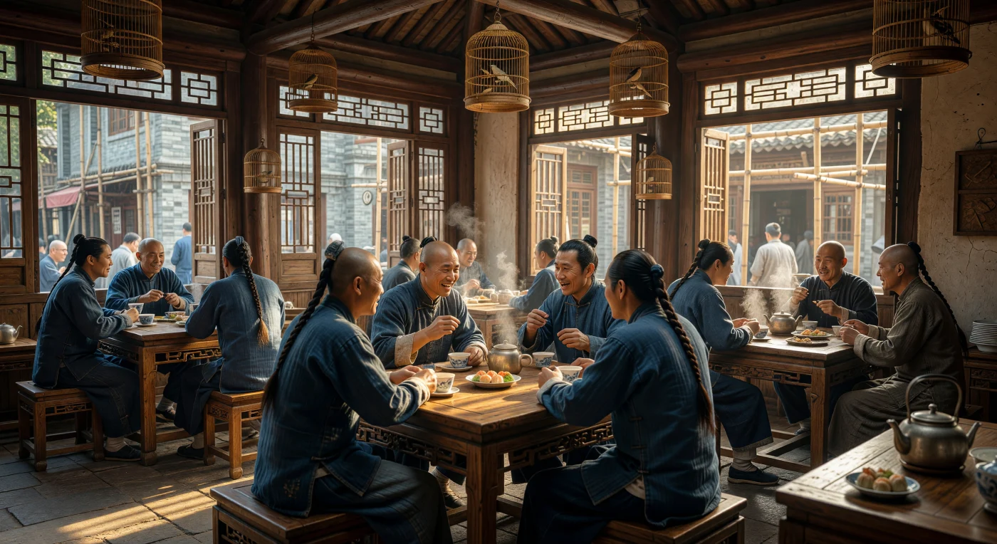 Nesta movimentada casa de chá em Cantão durante meados do século XIX, homens Han vestidos com *changshans* de algodão índigo reúnem-se sob a luz dourada que atravessa intrincadas janelas de treliça em estilo Lingnan. A cena ilustra a vibrante vida social da Dinastia Qing, onde o aroma do chá *puerh* e o som de pássaros em gaiolas de bambu acompanhavam conversas entre frequentadores que exibiam a tradicional trança obrigatória da época. Este espaço funcionava como um centro vital de interação comunitária num dos portos mais dinâmicos da Ásia Oriental, capturando a essência do cotidiano chinês antes das grandes transformações da era industrial.