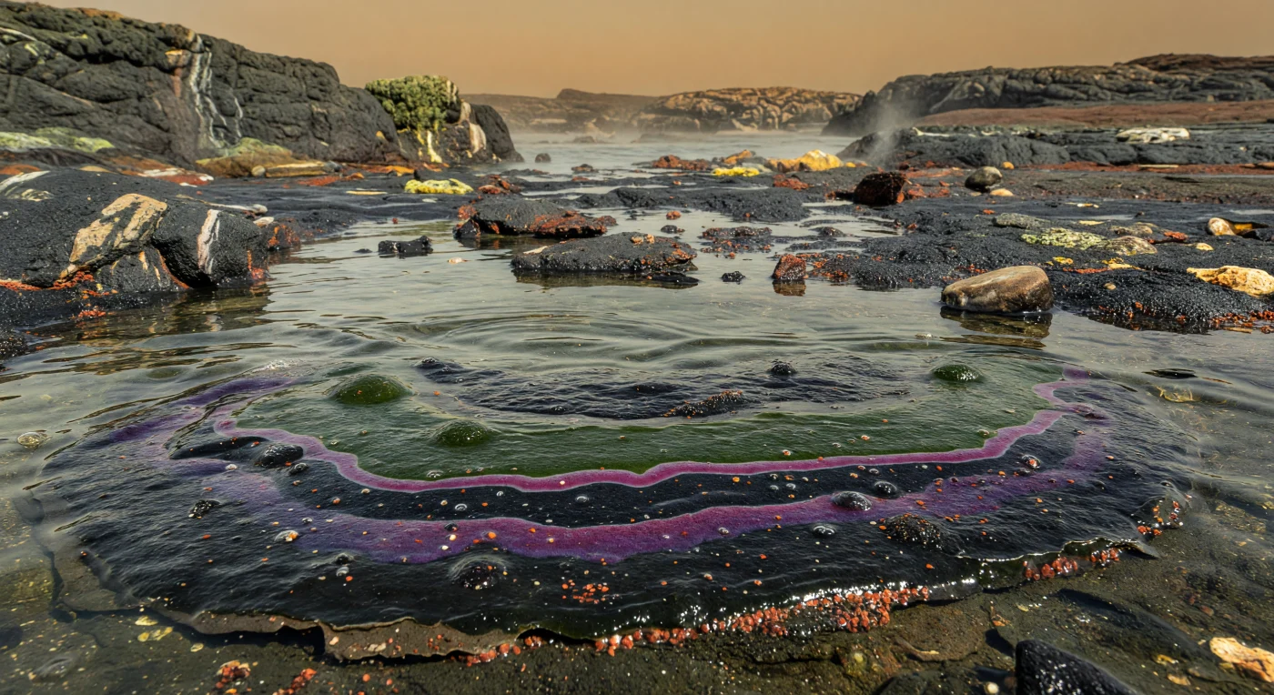 On a late Archean shoreline about 2.7–2.5 billion years ago, shallow hot water laps across a laminated microbial mat—the dominant visible ecosystem of its time. The slimy surface shows a dark photosynthetic layer above purple sulfur-bacterial bands and black anoxic sediment, with trapped gas bubbles, silica grains, and iron precipitates recording the chemistry of an oxygen-poor world. Bare TTG and basaltic rocks in the background place this scene on one of Earth’s earliest emerging cratonic margins, long before animals, plants, or true soils existed.