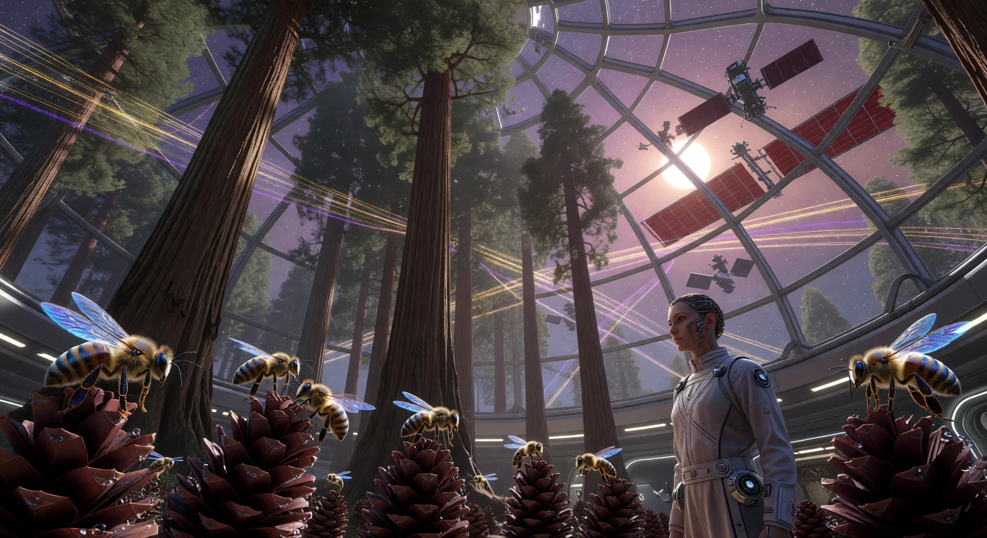Inside the curved hull of a Bernal Sphere, genetically resurrected honeybees with iridescent cobalt wings pollinate towering *Sequoia sempervirens* under a violet-filtered solar glow. This scene from the Solar Expansion era (c. 2500–3000 CE) illustrates the reconstruction of terrestrial biomes within the Dyson Swarm, where life is sustained by massive orbital energy networks. Beyond the fractal-ribbed ceiling, the silhouettes of solar collectors and cherry-red radiator wings contrast with the lush interior, while a gracile Solarian inhabitant—physically adapted to low-gravity environments—monitors the delicate ecological balance of this artificial forest.