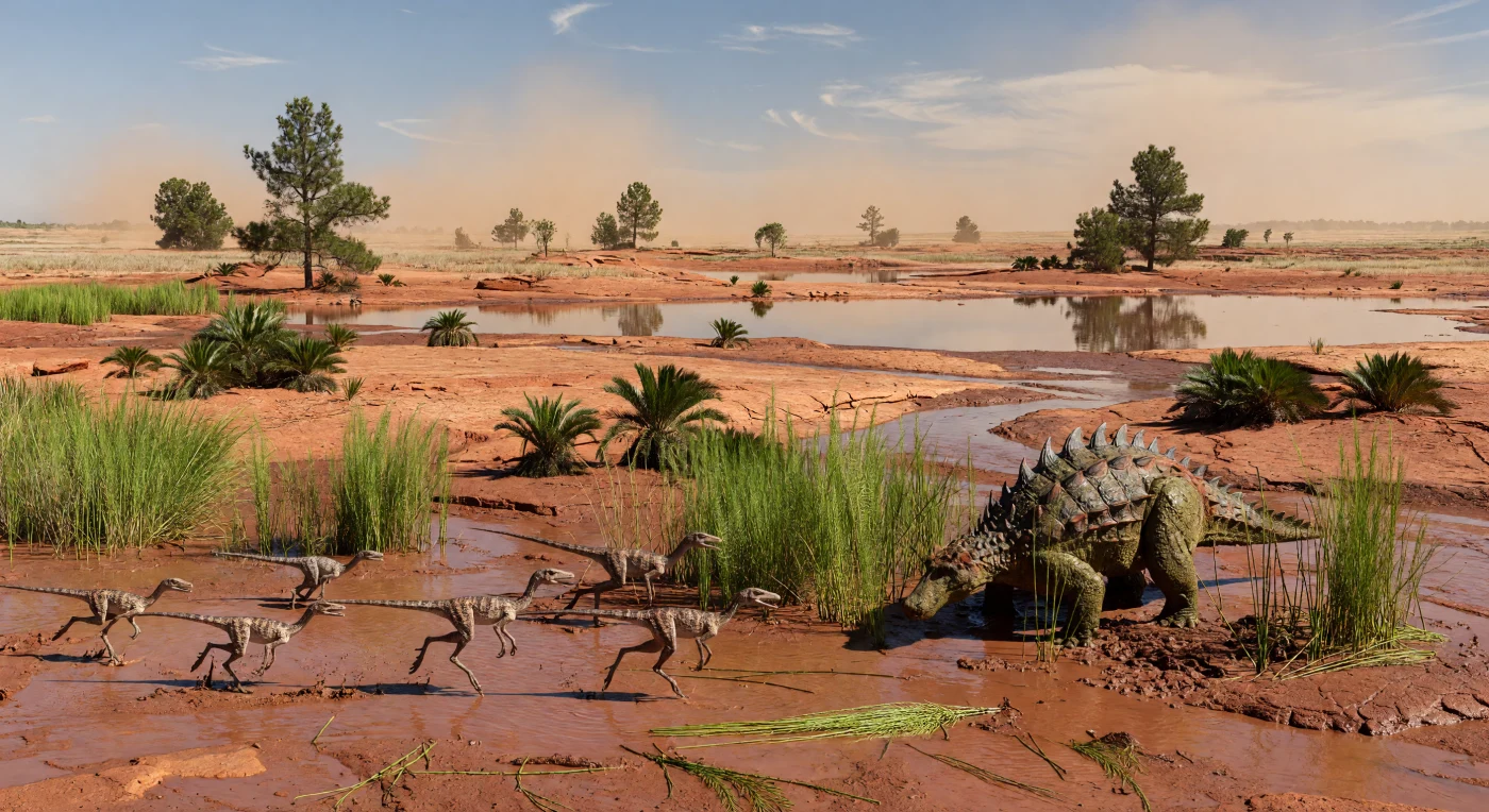 On a monsoonal Late Triassic floodplain of northern Pangaea, slender Coelophysis bauri dash along the edge of a muddy channel while the heavily armored aetosaur Desmatosuchus roots through wet sediment nearby. This scene evokes the Chinle-type landscapes of Laurasia about 220–210 million years ago, where seasonal rivers crossed red-bed basins under hot, strongly seasonal climates. Horsetails, cycads, and conifers such as Voltzia-like trees reflect the pre-flowering plant world that supported these early dinosaur-dominated ecosystems.