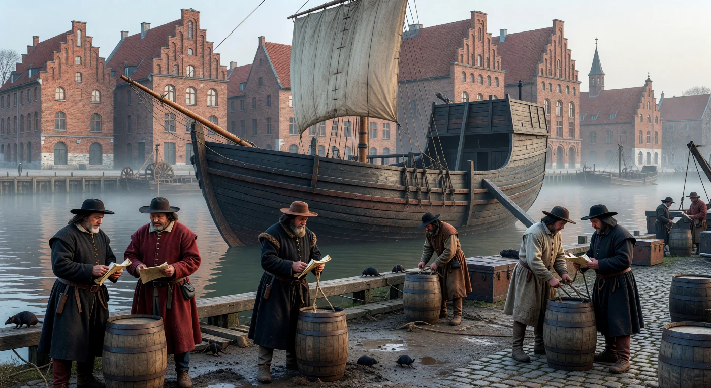 Au cœur du XIIIe siècle, de riches marchands de la Ligue hanséatique supervisent le chargement de barils de sel de Lüneburg à bord d'un rouage en chêne massif dans le port de Lübeck. Cette scène illustre l'essor de la puissance commerciale germanique en mer Baltique, soutenue par l'utilisation de ces navires robustes à coque à clins et par l'imposante architecture gothique en briques rouges visible à l'arrière-plan. Sous la brume matinale, cette effervescence témoigne d'une époque où le commerce maritime transformait les cités du Nord en véritables métropoles économiques interconnectées.