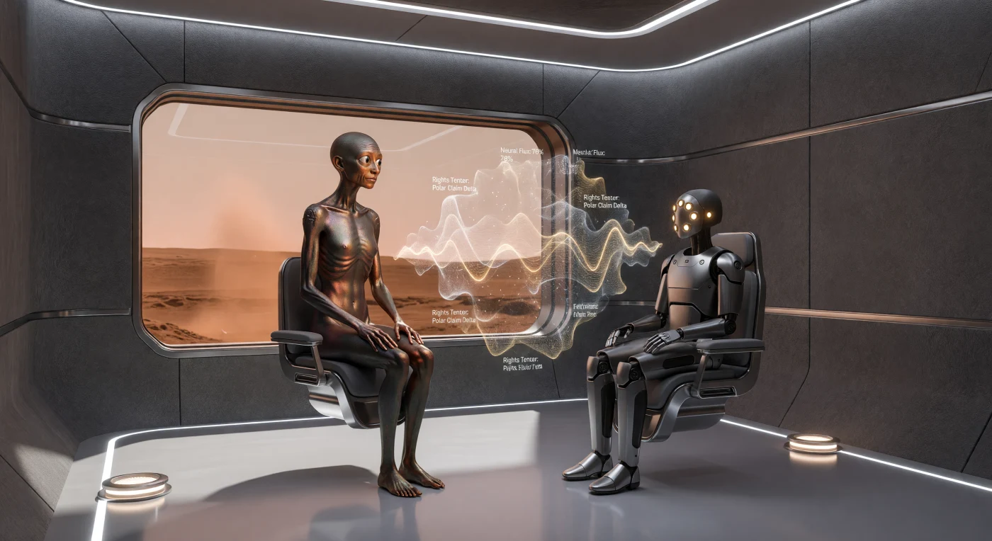 In this 22nd-century arbitration chamber within Valles Marineris, a Bio-Adapted Martian woman and an Uploaded consciousness inhabiting a metallic Tele-Presence Frame negotiate critical water rights. Circa 2150, during the era known as The Convergence, the 0.38g environment and high radiation of Mars have led to the emergence of elongated human phenotypes and digital entities residing in modular chassis. Between the litigants, an AI-adjudicator projects a volumetric "Cognitive Arbitration" interface, translating real-time neural patterns into shimmering data-filaments to ensure a mathematically precise resolution under Martian technocratic law.