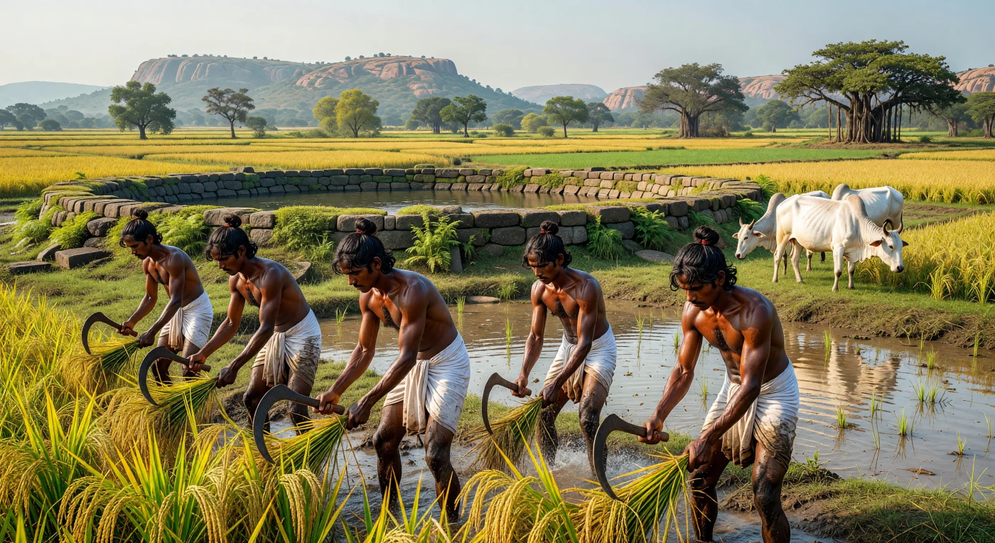 Nesta representação do Planalto do Decão no século III d.C., agricultores de pele acobreada colhem arroz maduro com foices de ferro, trajando o tradicional *antariya* de algodão em campos inundados. Ao fundo, o gado Zebu pasta próximo a um robusto tanque de irrigação em basalto, evidenciando a sofisticada engenharia hidráulica que impulsionou a prosperidade agrícola durante a era Satavahana. Esta cena ilustra o cotidiano laborioso e a harmonia técnica que caracterizaram o apogeu da Antiguidade Tardia no sul da Ásia.