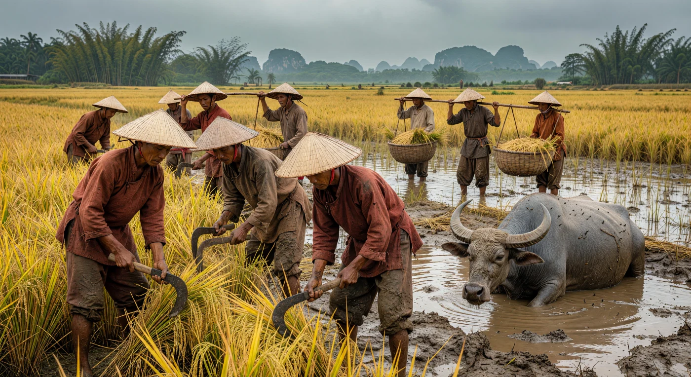 No coração do Delta do Rio Vermelho durante a Dinastia Nguyen do século XIX, camponeses vietnamitas colhem arroz com foices de ferro sob um céu tropical carregado de humidade. Vestidos com túnicas de cânhamo e os tradicionais chapéus *nón lá*, os trabalhadores operam em harmonia com búfalos de água num cenário de arrozais dourados e silhuetas distantes de carstes de calcário. Esta imagem captura a essência da vida agrária na Era das Revoluções, destacando a resiliência do trabalho manual e a importância vital do cultivo do arroz na estrutura social e económica do Vietnã.