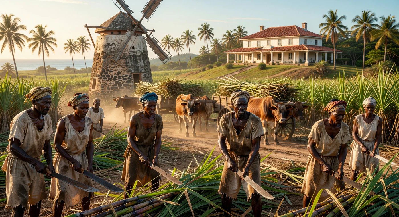 Sob o sol intenso de meados do século XVIII, homens e mulheres escravizados de origem africana realizam a colheita da cana-de-açúcar, utilizando pesados facões de ferro em uma jornada de trabalho extenuante. A paisagem é dominada por um massivo moinho de vento em pedra, coração industrial da propriedade, e pela casa-grande ao longe, evidenciando a profunda desigualdade e a estrutura de poder do sistema de plantation. Esta imagem retrata a brutal realidade econômica das Américas coloniais, onde o trabalho forçado impulsionava o comércio global e moldava permanentemente a demografia e a cultura da região.