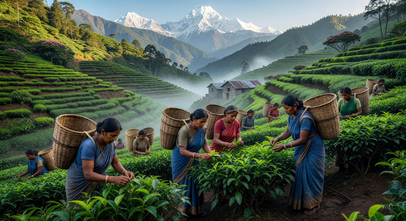 Nas encostas enevoadas de Darjeeling, por volta de 1905, trabalhadoras nepalesas e bengalis colhem as folhas de chá em cestos de vime sustentados por tiras tradicionais na testa. Esta imagem ilustra a escala monumental da indústria do chá durante o auge do Raj Britânico, onde o trabalho manual intensivo moldava as paisagens esmeralda dos contrafortes do Himalaia. Ao fundo, a imponente cordilheira do Kanchenjunga ergue-se acima da névoa, simbolizando a fronteira entre a expansão industrial da Belle Époque e a beleza intocada dos picos nevados.