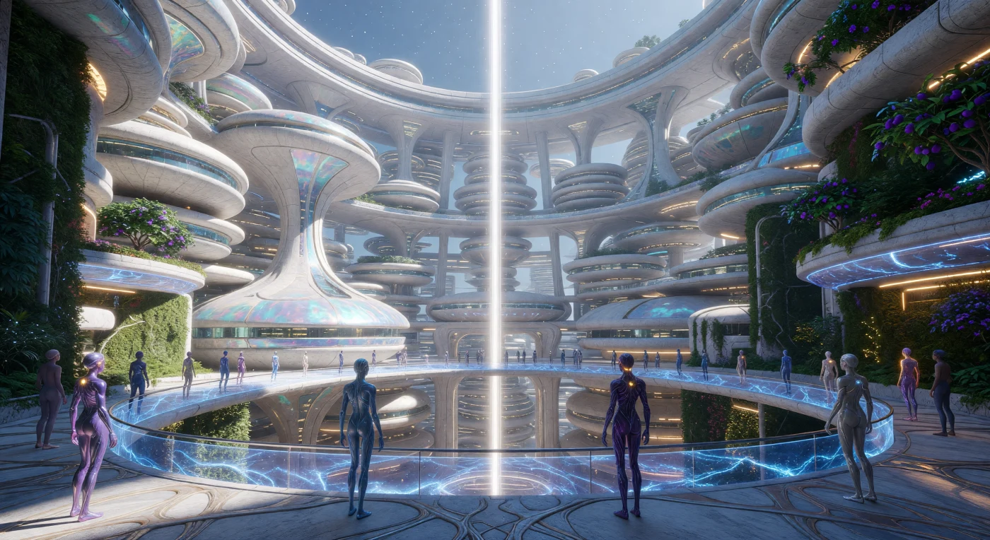 Esta vista interna do Fuso Centrifugado de Pallas revela uma metrópole de arquitetura rizomática que envolve o interior de um Cilindro de O'Neill, iluminada por um sol artificial de fusão central. Datado da Era da Expansão Solar (século XXVIII), o assentamento utiliza materiais avançados como bioquitina autorreparável e concreto de regolito para sustentar uma infraestrutura urbana que desafia a geometria tradicional. Entre passarelas de luz sólida e jardins verticais, circulam humanos "adaptados ao vácuo", uma linhagem pós-planetária de membros alongados que representa a adaptação biológica definitiva aos habitats artificiais do Cinturão de Asteroides.